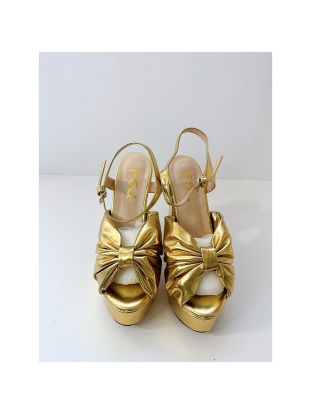 Size 7 FSJ Gold Bow Platform Heels Women’s Metallic Slingback Pumps Party Shoes
